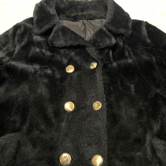 VTG Faux Fur Coat Double Breasted Black Disco 70s Mod Goth Glam Witchy 20.5" pit - Picture 2 of 10